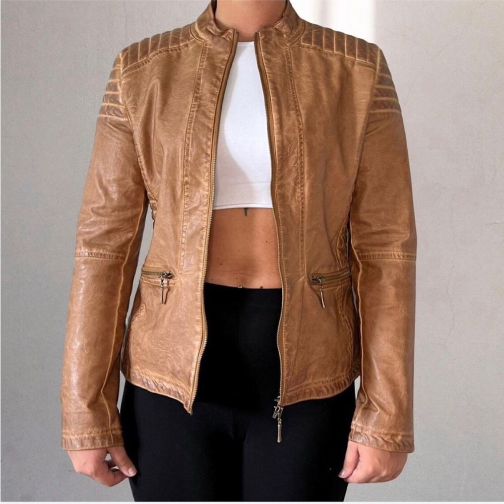 NWT Women's Tan Camel Brown Faux Leather Moto Racer Jacket Size Small y2k 90s